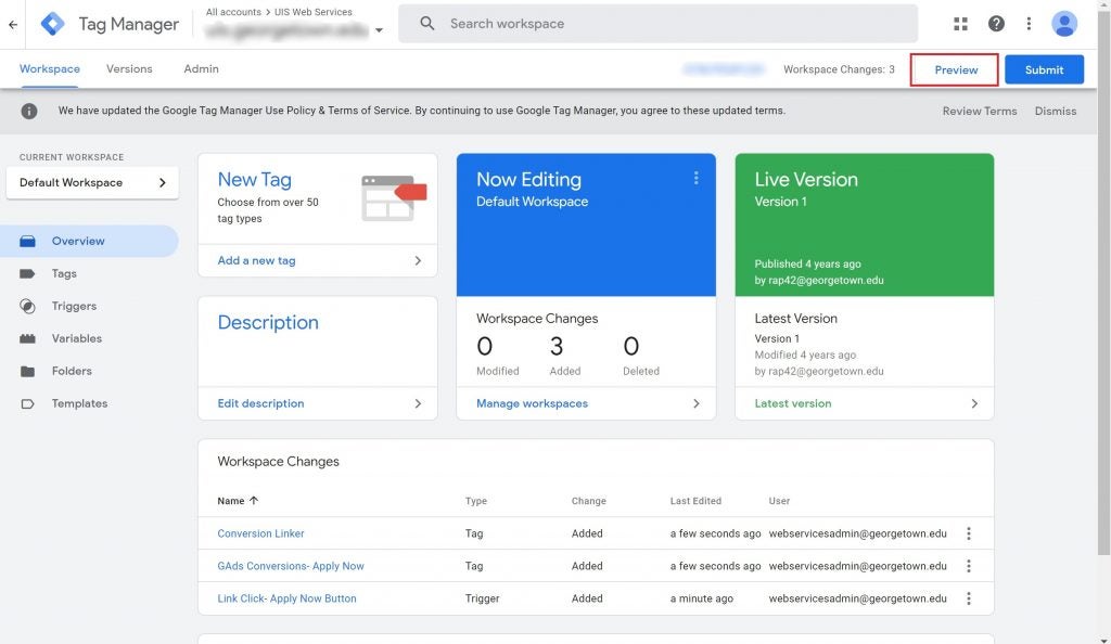 View of the Google Tag Manager workspace with the Preview button outlined in red.