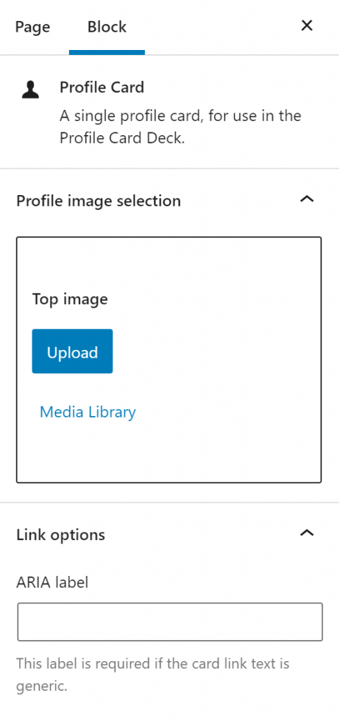 View of profile card settings with Top Image upload prompt.