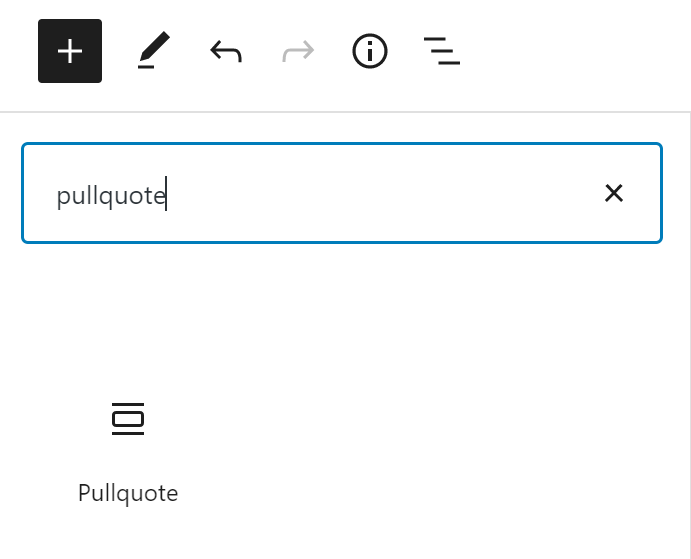 The word “pullquote” is in the block search bar with the pullquote block icon outlined in red.