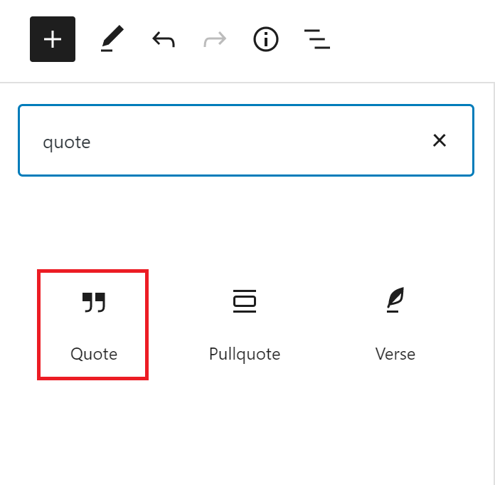 The word “quote” is in the block search bar with the quote block icon outlined in red.