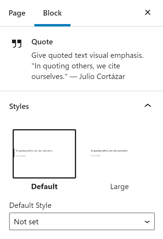 The quote block’s settings showing the two style options.