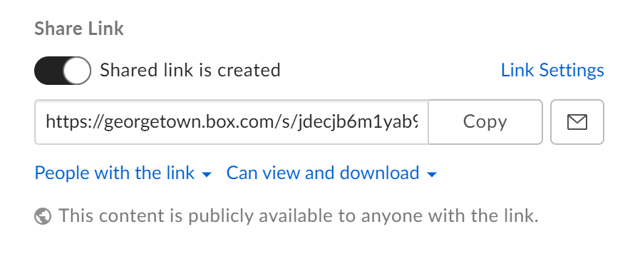 View of the link sharing settings in Box.
