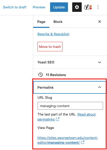 Screenshot of editor interface highlighting the permalink section in the Page settings.