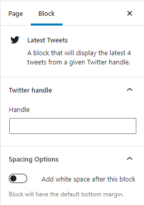 Shows "Twitter handle" tab and the "Spacing options" tab in the side panel settings of the latest tweets block. 