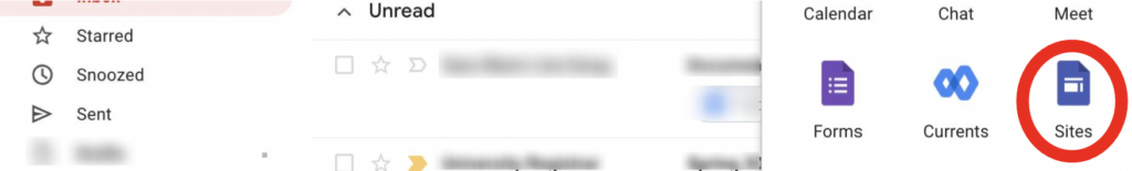 There is a red outline over the Google Sites button in the Google Mail drop down menu.