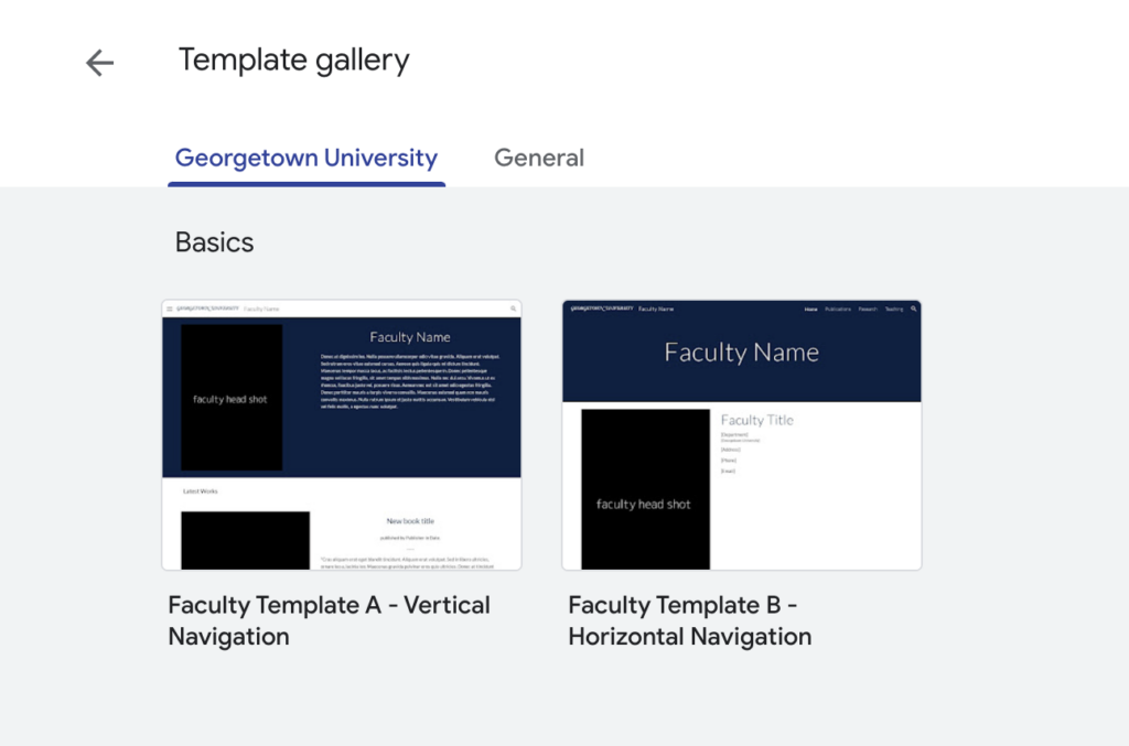 Template gallery view of both Faculty Template A and Faculty Template B templates.