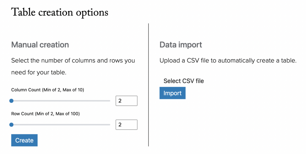 View of the WordPress editor with the data table creation options (manual or data import) showing.