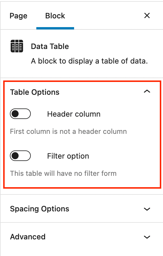 The block settings tab for the Data Table block. The Table Options section which includes toggles for the header column and filter option are is highlighted in a red box.