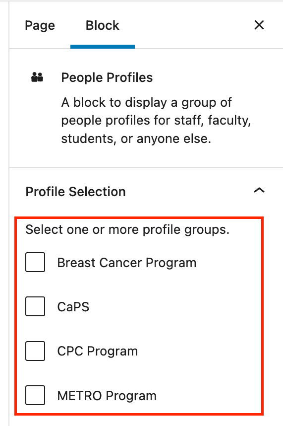 The block tab of the People Profiles' inspector panel. The Profile Groups are highlighted in a red box.