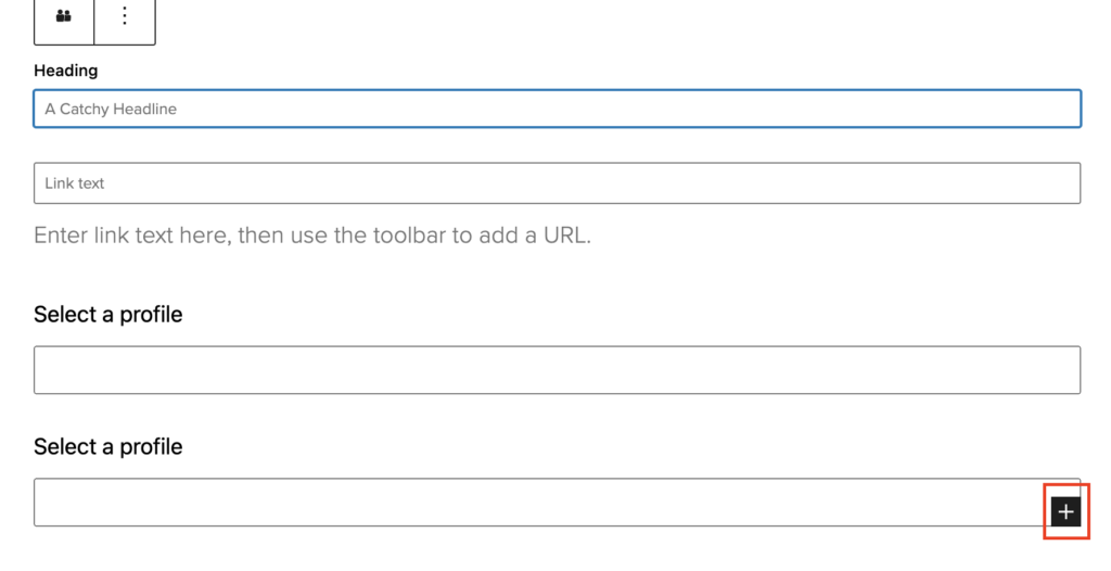 The People Profiles block in the WordPress editor. There are two empty person profiles and the plus icon is highlighted in a red box.