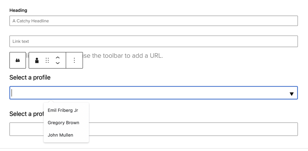 The WordPress editor with the People Profiles block on manual selection.