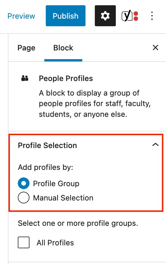 The block tab of the People Profiles' inspector panel. The Profile Selection options are highlighted in a red box.