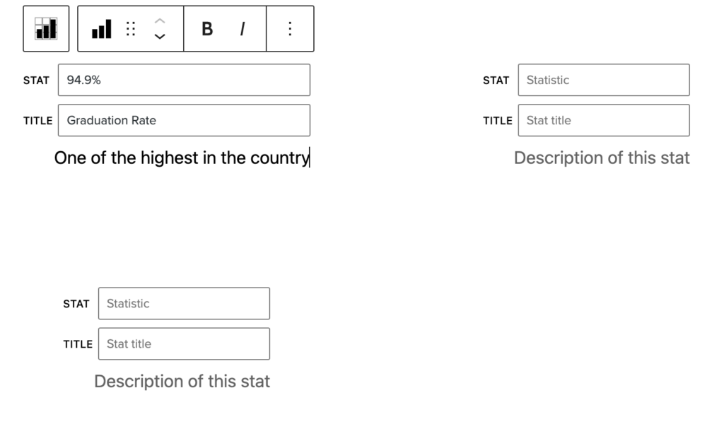 Stat Grid block in the editor with content  filled in for the first of three stats.