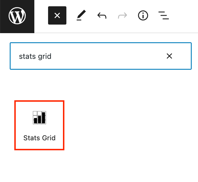 Stats block icon outlined in red under the block search bar.