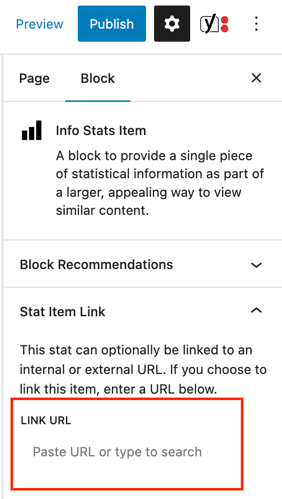 Block tab of the inspector panel with the Stat Item Link field highlighted in red.