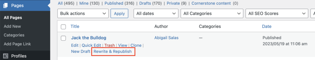 View of the Pages menu with the hyperlink, Rewrite & Republish, highlighted.