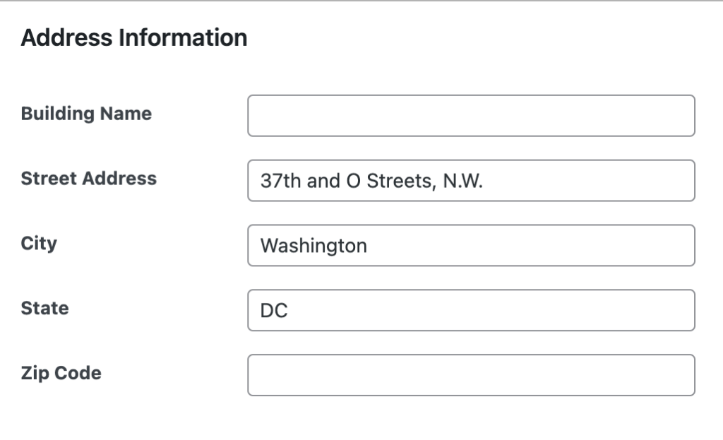 View of Address Information fields on the Site Information page.
