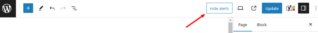 Screenshot of the WordPress editor highlighting the "Hide alerts" button.