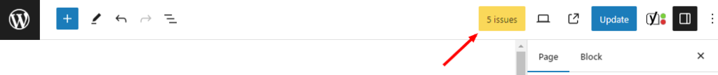 Screenshot of the WordPress editor highlighting a yellow button with the text "5 issues".