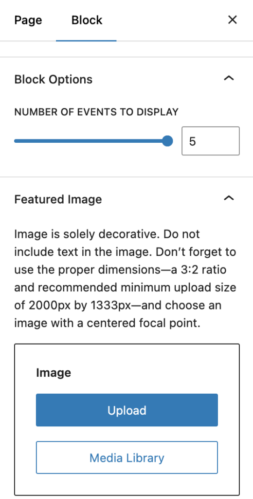 Events block settings panel showing the Number of Events scroller and Featured Image options for Events block.