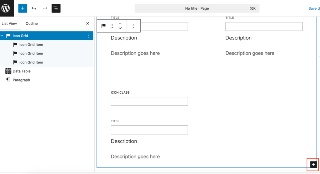 Icon Grid with the plus sign to add another icon grid item.