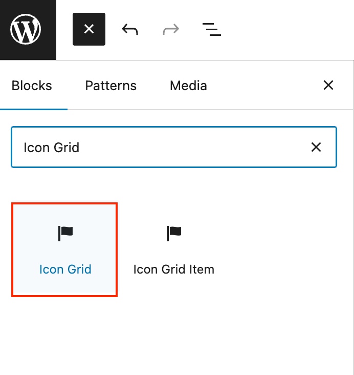 The icon grid outlined in red in the block inserter.